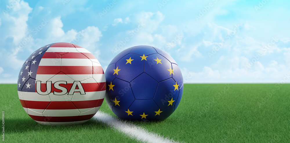 Usa Vs Europe Soccer Balls In Usa And Europe Flag Colors On A Soccer
