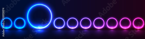 Concept abstract sci-fi banner with blue and ultraviolet glowing neon circles. Technology futuristic background. Vector geometric design