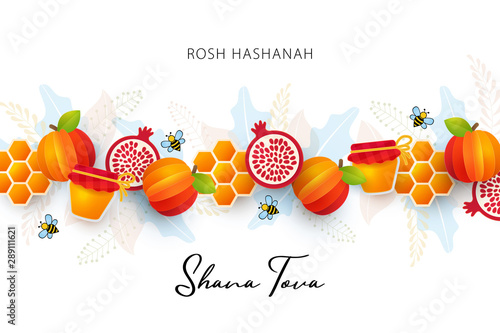 Jewish New Year, Rosh Hashanah Greeting card. Vector illustration with border made of paper cut Apple, pomegranate, Honey cell, jar of honey and Bees. Holiday banner. White background.