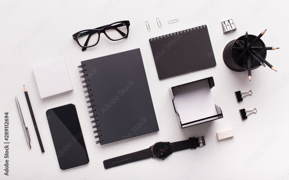 Modern workplace with modern office stationery on white Modern workplace with modern office stationery on white