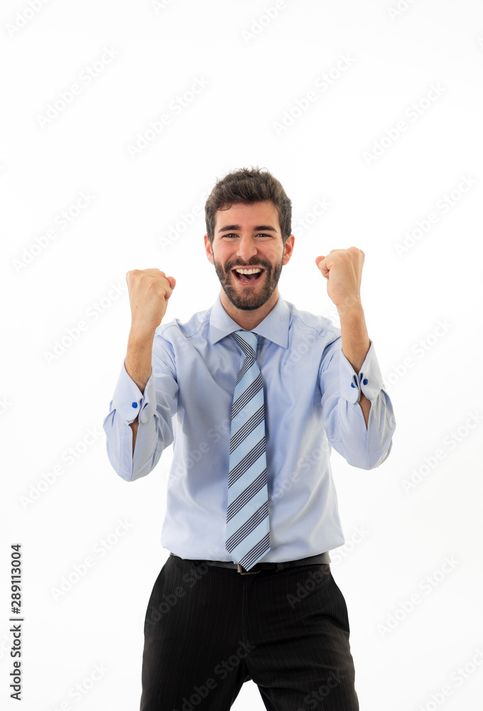 Portrait of young attractive caucasian businessman, arms up celebrating success Portrait of young attractive caucasian businessman, arms up celebrating success