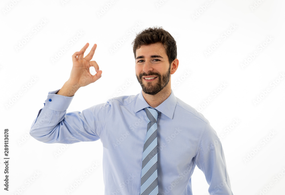 Portrait of young attractive businessman smiling and doing all OK sign Isolated on white background Portrait of young attractive businessman smiling and doing all OK sign Isolated on white background