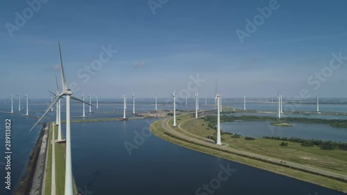 Wind turbine from aerial view, Drone view at windpark krammersluizen a windmill farm in the lake grevelingen in the Netherlands,Sustainable development, renewable energy photo