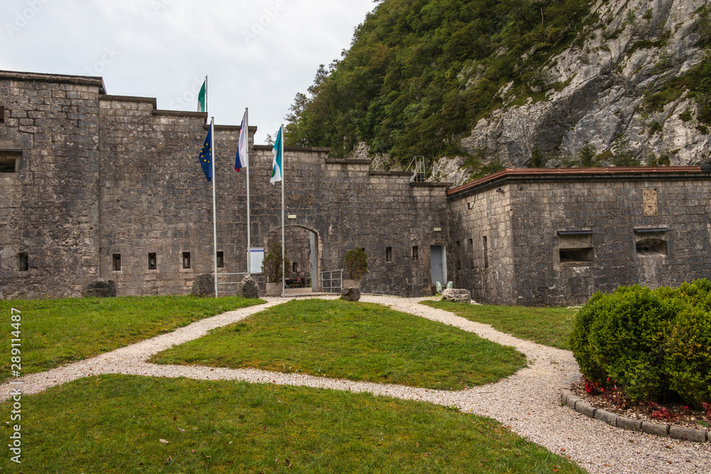 Entrance of Fortress, Fort Kluze, german: Flitscher Klause. Fortification for World War during Isonzo Front. Bovec, Gorizia, Slovenia.