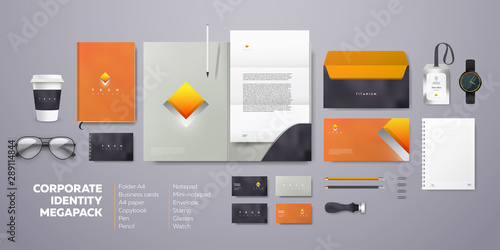 Corporate branding identity design. Stationery mockup vector template with orange logo.