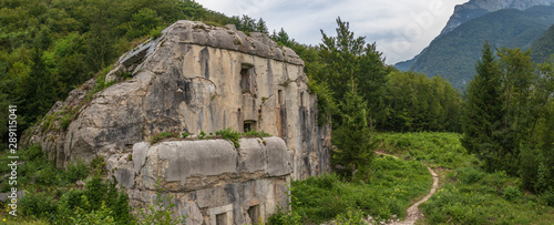 Destroyed wall of Fort Hermann. Crumbling World War I Fortress near Mount Rombon. Bovec, Gorizia, Slovenia. photo