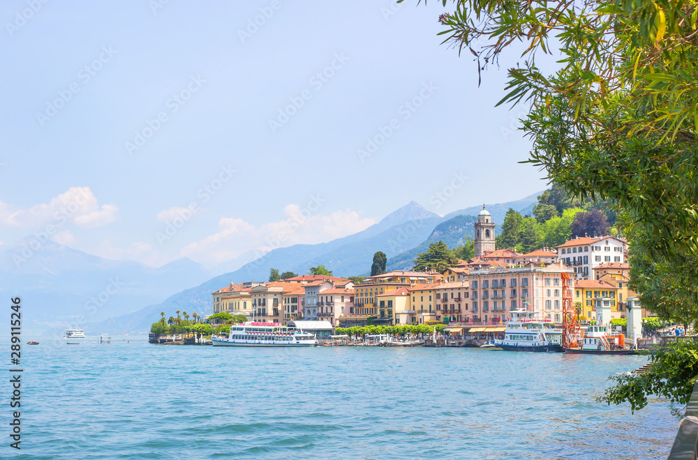 Landscape Of Como lake in Italy. Spectacular view on coastal town - Bellagio, Lombardy. Famous Italian recreation zone and popular European travel destination. Summer scenery.