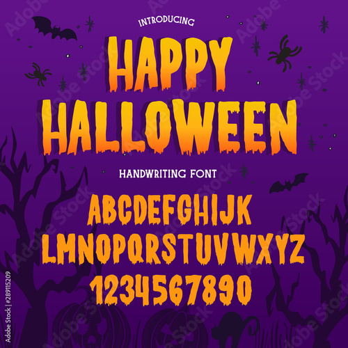 Halloween font. Typography alphabet with colorful spooky and horror illustrations.