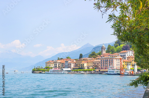 Landscape Of Como lake in Italy. Spectacular view on coastal town - Bellagio, Lombardy. Famous Italian recreation zone and popular European travel destination. Summer scenery.