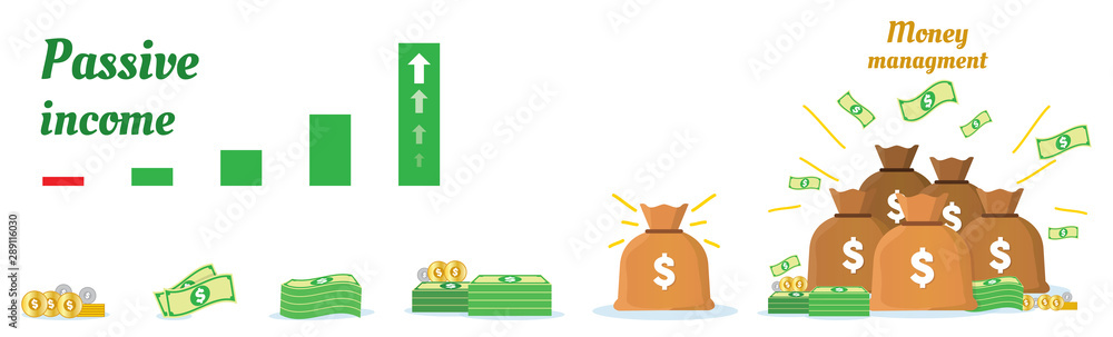 Concept for passive or active income visualised with growth bars to the way to success. Treasure sack of gold in on top. Flat cartoon design. Steps infographic for making money. Concept for passive or active income visualised with growth bars to the way to success. Treasure sack of gold in on top. Flat cartoon design. Steps infographic for making money.