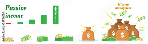 Concept for passive or active income visualised with growth bars to the way to success. Treasure sack of gold in on top. Flat cartoon design. Steps infographic for making money.
