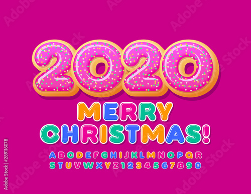 Vector bright greeting card Merry Christmas 2020 with decorative Donuts. Colorful Uppercase Font. Creative Alphabet Letters and Numbers