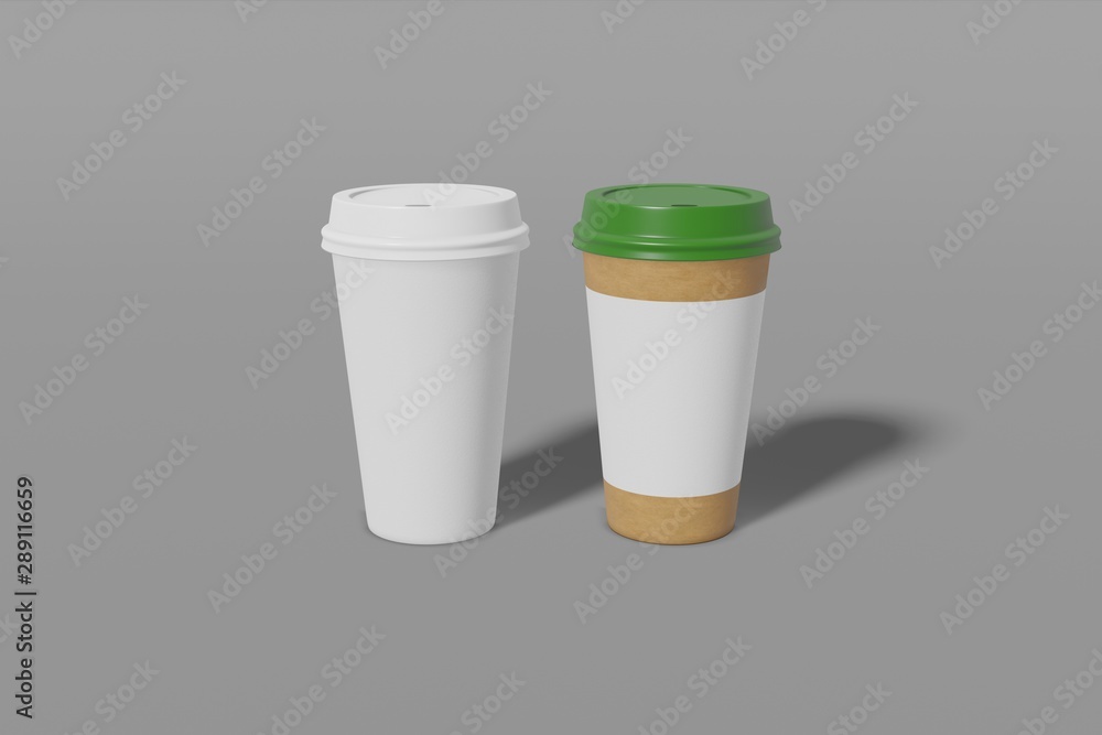 Two paper cups with a lid - white and brown with place for text on a grey background. 3D rendering Two paper cups with a lid - white and brown with place for text on a grey background. 3D rendering