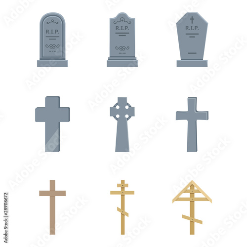 Vector Set of Cemetery Icons. Headstones, Gravestones, Tombstones and Crosses.