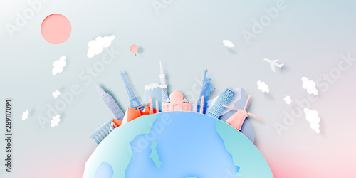 Various travel attractions in paper art style