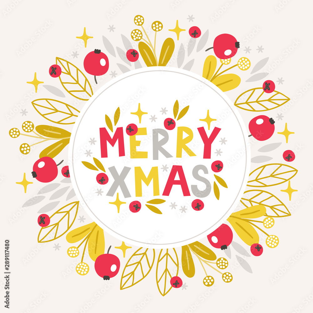 Christmas greeting card with stars, berries, mistletoe, leaves, snowflakes