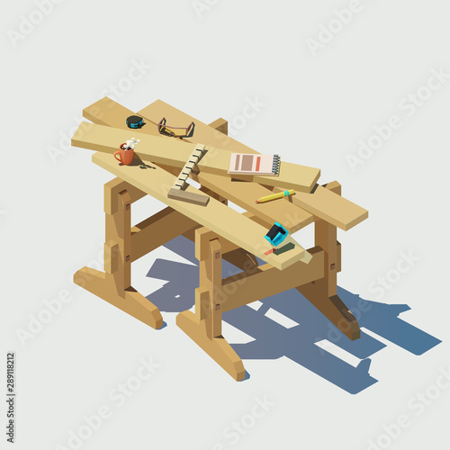 Vector workplace of a joiner. Sawing boards with a hand saw