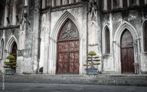 Close-up of Saint Joseph Cathedral in old quarter of Hanoi, Vietnam.