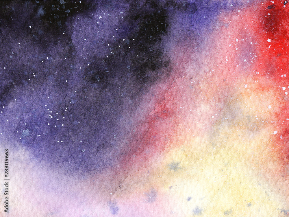 Hand painted abstract Watercolor Wet purple Outer space and stars Background with stains.