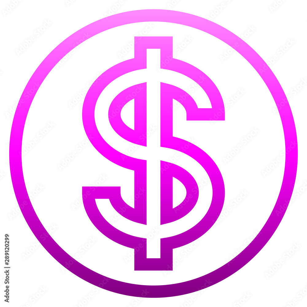 Dollar currency sign symbol - purple-pink simple outline inside of circle gradient, isolated - vector Dollar currency sign symbol - purple-pink simple outline inside of circle gradient, isolated - vector