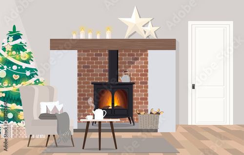 Danish style living room interior design with fireplace.