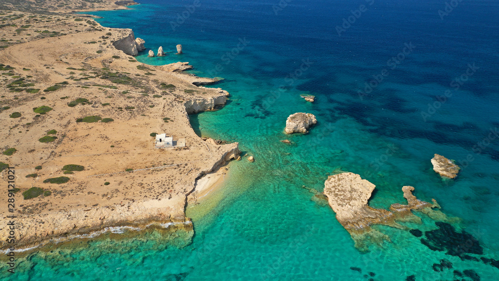 Aerial drone photo of tropical exotic white rock secluded rocky bay with turquoise sea