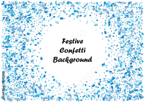 Festive blue rectangle confetti background. Abstract frame confetti texture for holiday  postcard  poster  website  carnival  birthday  children s parties. Cover confetti mock-up. Wedding card layout