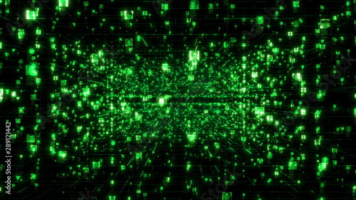 artificial intelligence concept of a social network with a stream of people portraits connected by bright green network grid in black internet cyberspace background. 3d rendering 4K footage.