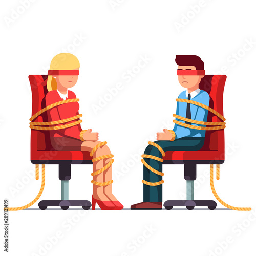 Blindfold business man and woman sitting on chairs