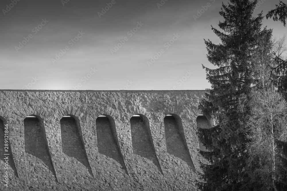 a dam in black and white