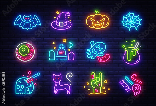 Halloween neon icons set. Happy Halloween collection light signs. Sign boards, light banner. Neon isolated icon, emblem, design template. Vector Illustration
