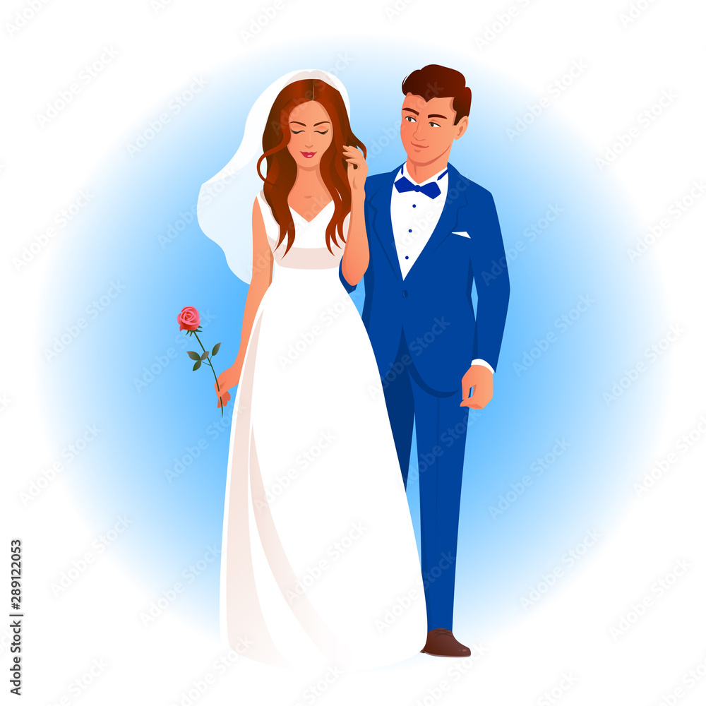 Beautiful newlywed couple in wedding attire. The bride stands with a rose, the groom is nearby and gently looks at her lover. Vector romantic illustration. Beautiful newlywed couple in wedding attire. The bride stands with a rose, the groom is nearby and gently looks at her lover. Vector romantic illustration.