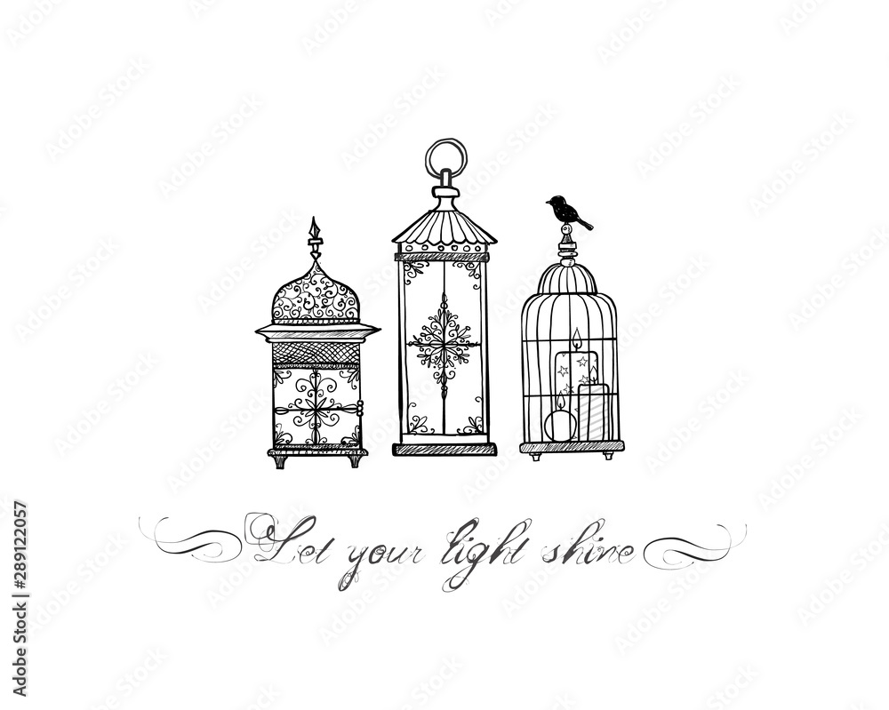 Three vintage rustic lanterns in doodle style on white background.