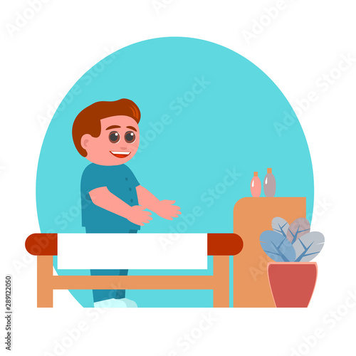 Kind and smiling young male massage therapist in a medical suit invites to the procedure. Before him is a couch. Near a table with aromatic oils. Vector cartoon illustration.