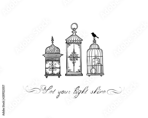 Three vintage rustic lanterns in doodle style on white background.