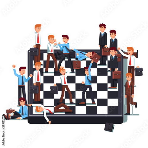 Businessmen teams fighting on giant chessboard. Business metaphor of work conflict between colleagues