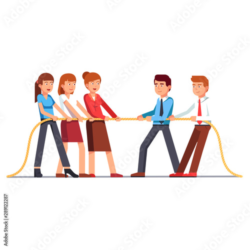 Business women and men teams in a tug of war