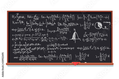 Huge chalkboard filled with mathematic formulas. Integral calculus theory proof