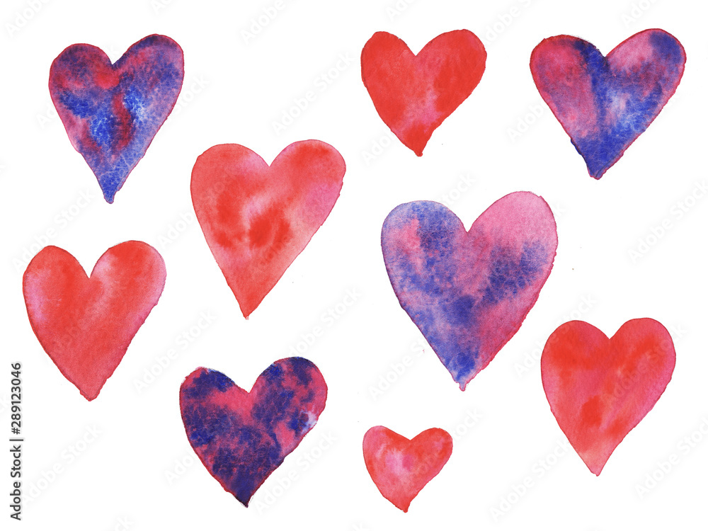 Valentine's day heart set. Watercolor pink, red, blue and blue color heart isolated on white background.