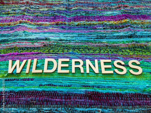 Wooden text letters with the word  WILDERNESS  for a sign  banner  placard or wallpaper on a vibrant green multicolor woven texture background