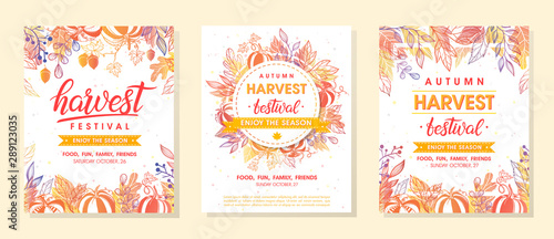 Bundle of autumn harvest festival banners with harvest symbols,leaves and floral element.Harvest fest design perfect for prints,flyers,banners,invitations and more.Vector autumn illustration. photo