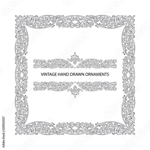 Vintage baroque victorian frame and ornaments. Hand drawn retro style floral frame. Part of set.