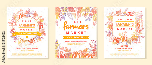 Set of autumn fermers market banners with leaves and floral elements.Local food fest design perfect for prints,flyers,banners,invitations.Fall harvest festival.Vector autumn illustrations.