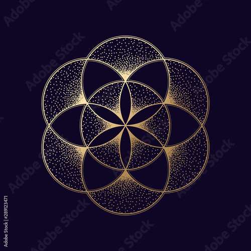 Flower of life symbol. Gold geometric symbol. Vector illustration EPS 10