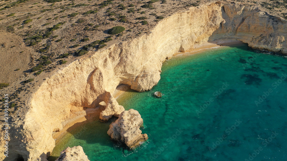 Aerial drone photo of secluded paradise beach of Kasteli in North area of Kato Koufonissi island, Koufonissia, Small Cyclades, Greece