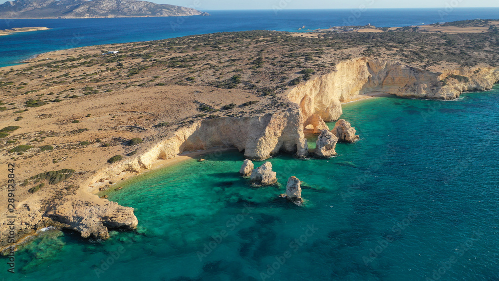 Aerial drone photo of secluded paradise beach of Kasteli in North area of Kato Koufonissi island, Koufonissia, Small Cyclades, Greece