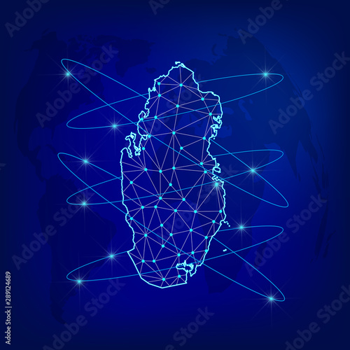 Global logistics network concept. Communications network map Qatar on the world background. Map of Qatar with nodes in polygonal style. Vector illustration EPS10. 