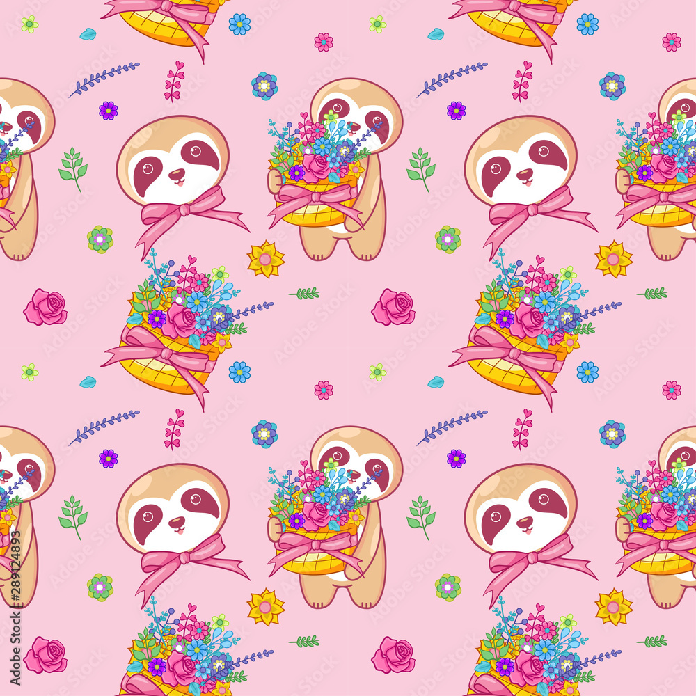 hand drawn cute sloth and flowers with pattern set