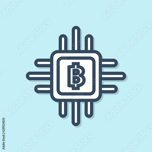 Blue line CPU mining farm icon isolated on blue background. Bitcoin sign inside processor. Cryptocurrency mining community. Digital money. Vector Illustration