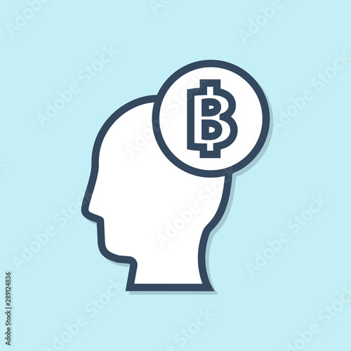 Blue line Bitcoin think icon isolated on blue background. Cryptocurrency head. Blockchain technology, digital money market, cryptocoin wallet. Vector Illustration